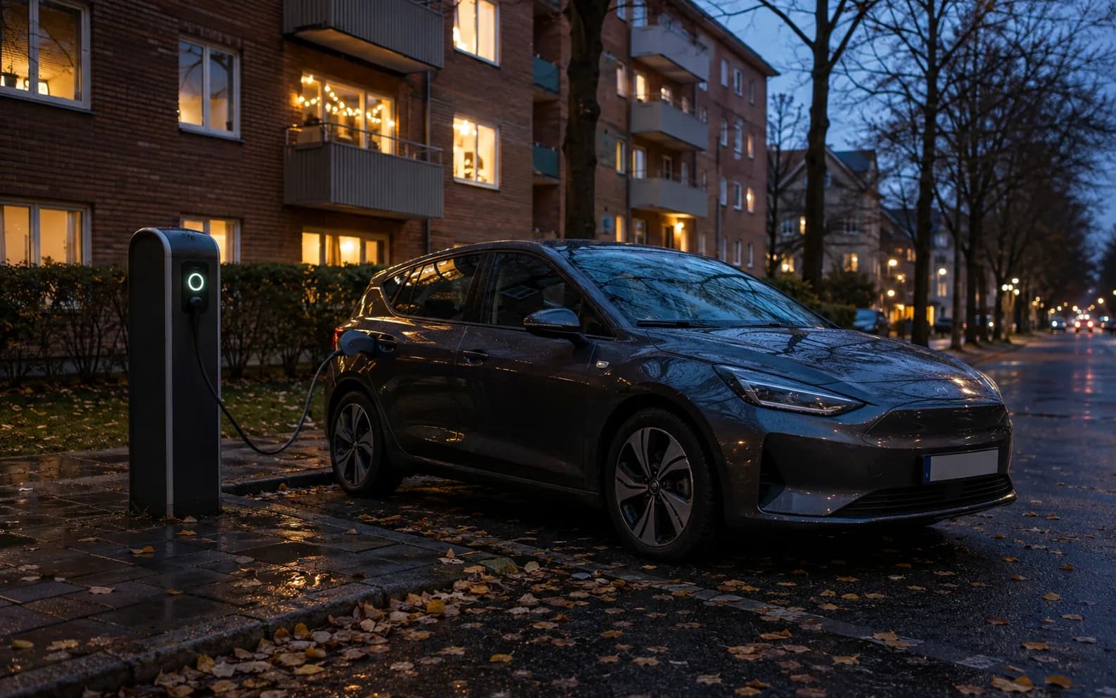 AI-genererad illustration av en elbil vid en laddstolpe på en svensk bostadsgata.