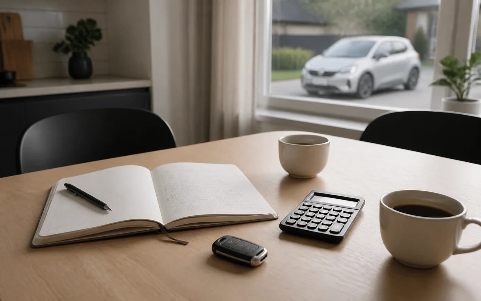 AI-genererad illustration: Budgetbok, kalkylator, bilnyckel och kaffekoppar på ett köksbord med bil utanför fönstret.